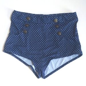 Ladies Unique Vintage Navy W/White Polka Dots Boy Short Bathing Suit Bottoms M